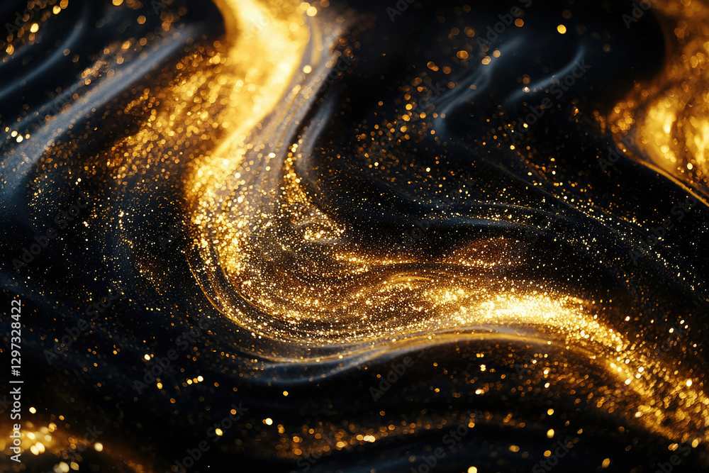Poster swirling gold glitter on a dark background, creating a luxurious and elegant abstract design.