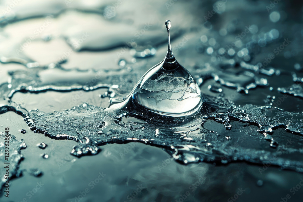 Poster A water droplet impacting a surface, creating a unique crown shape with surrounding ripples.