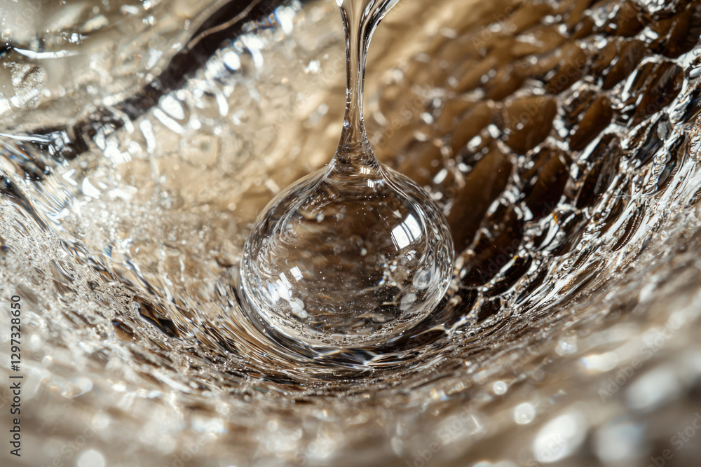 Poster a close-up of a water droplet about to merge with a larger body of water, creating ripples and textu