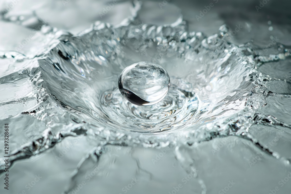 Poster a clear sphere descends into water, creating a captivating splash and ripple effect.