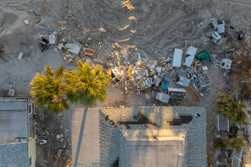 Destroyed houses on ocean coast. Hurricane Milton consequences in Englewood, Florida. Storm surge...