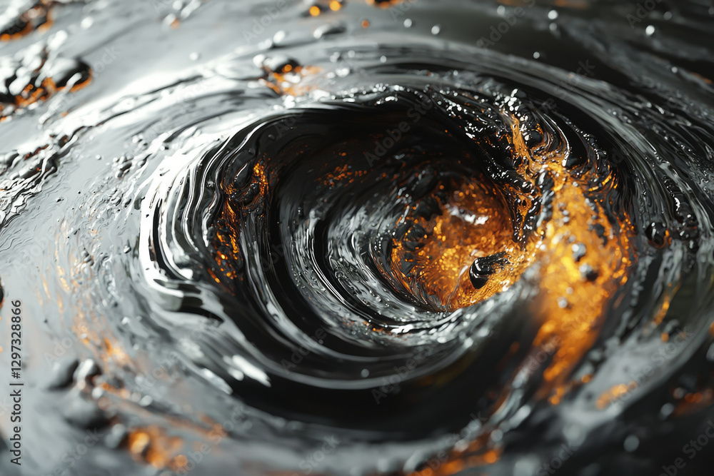 Poster a mesmerizing vortex of dark liquid with glowing amber highlights swirling in a captivating pattern.