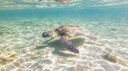 Obraz premium Underwater sea turtle swimming in shallow, clear water.