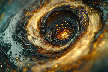A mesmerizing swirling vortex of dark and gold, resembling a cosmic nebula or black hole.
