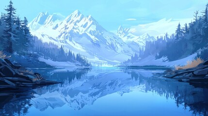 Serene winter landscape with snow-capped mountains reflected in a calm lake. (2)