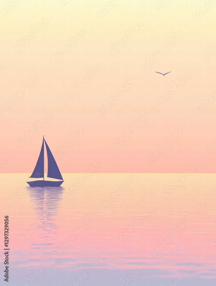 Poster sailing alone on calm waters at sunset with pastel sky and gentle reflections. generative ai