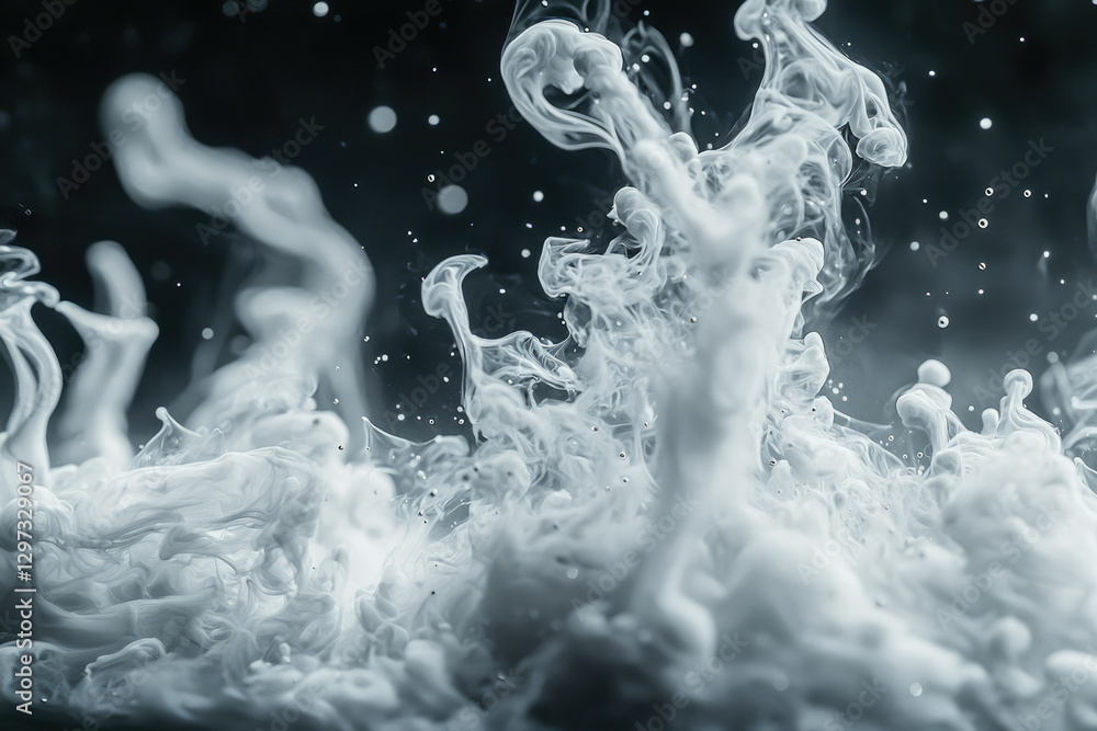 Poster abstract swirling white smoke or ink in dark water, creating a mesmerizing ethereal effect.