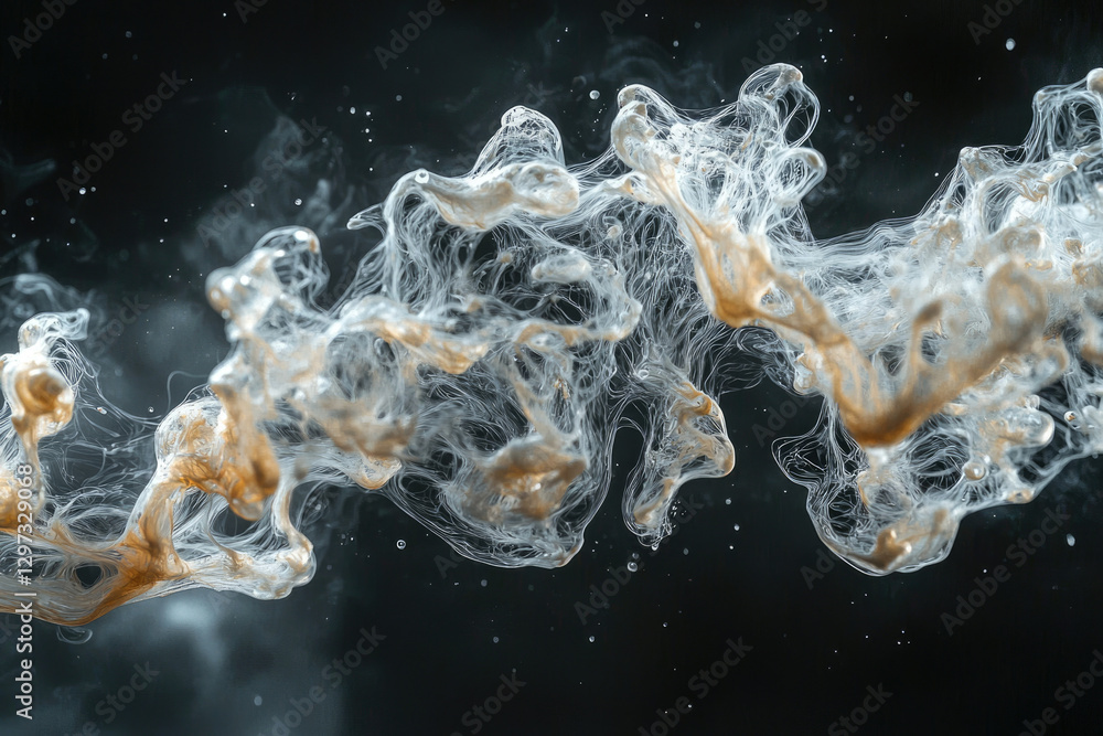 Poster abstract art of swirling white and gold ink in water, creating ethereal, mesmerizing patterns.