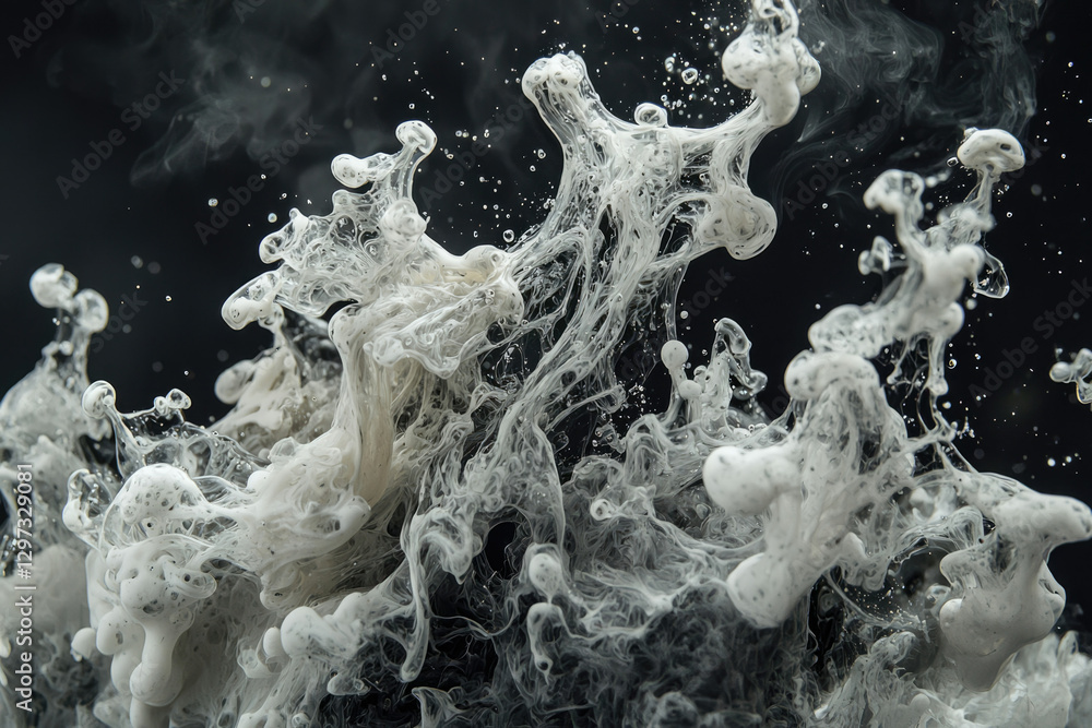 Poster Abstract grayscale image of swirling white ink in dark water, creating a mesmerizing pattern of bubbles and smoke-like formations.