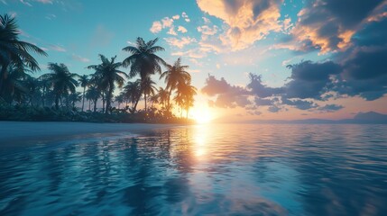 Tropical sunset beach scene with palm trees.