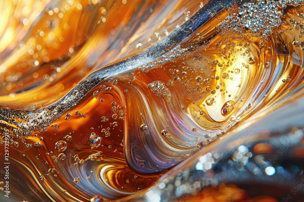 Poster abstract close-up of swirling amber liquid with air bubbles, creating a mesmerizing texture.