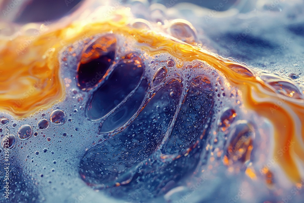 Poster abstract close-up of vibrant, swirling liquids with bubbles, creating a mesmerizing texture.