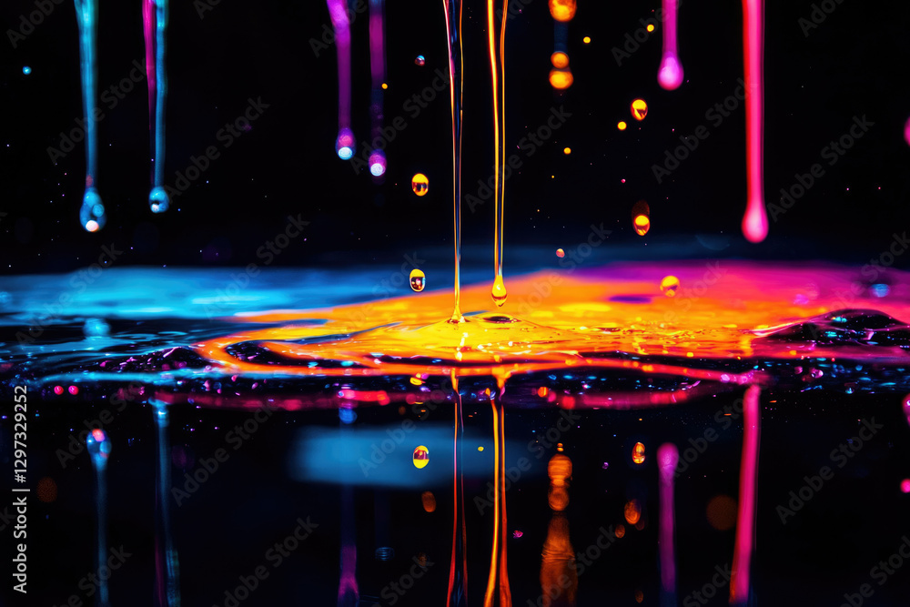 Aufkleber Vibrant neon liquid streams fall into a dark surface, creating colorful ripples and splashes.
