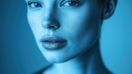 Fototapeta premium Close-up portrait of a young woman's face, illuminated with blue light.