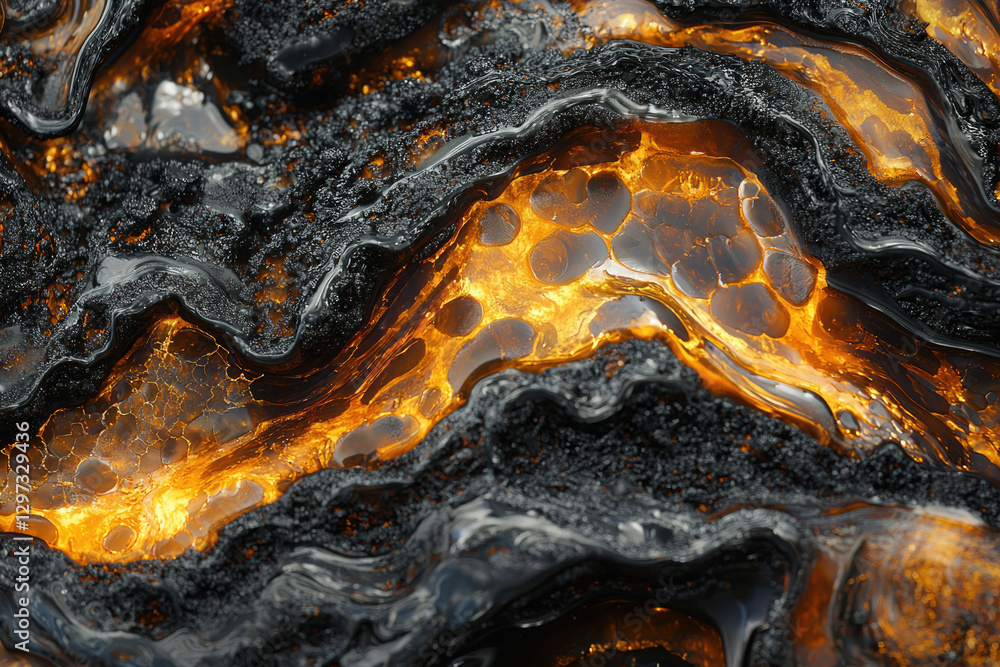 Poster abstract image depicting a mesmerizing blend of dark, textured surfaces and vibrant, glowing orange,