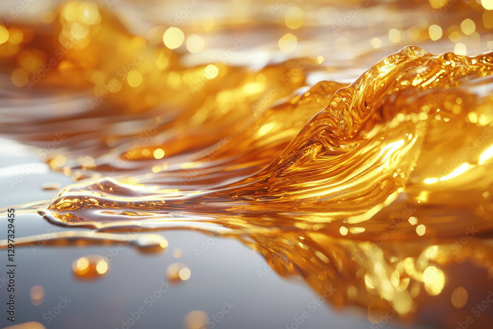 Poster Golden liquid flowing in waves, shimmering with light, creating a luxurious and elegant visual.