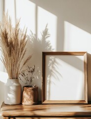 Empty frame, pampas grass, sunlit room, wooden table display