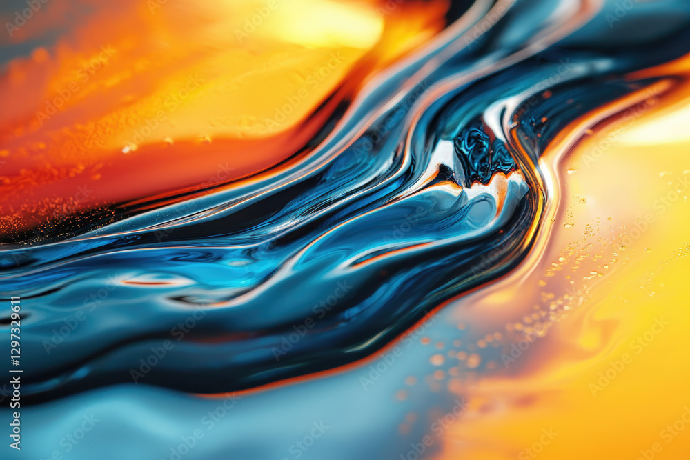 Poster abstract image of flowing, vibrant blue and orange liquid creating mesmerizing waves.