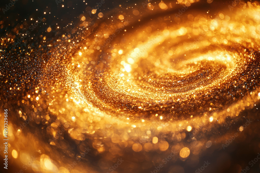 Poster a swirling vortex of golden glitter, sparkling and shimmering in the dark.