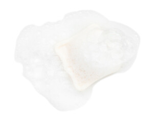 Soap with foam on white background, top view