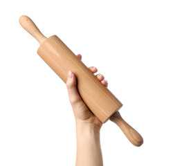 Woman with rolling pin on white background, closeup