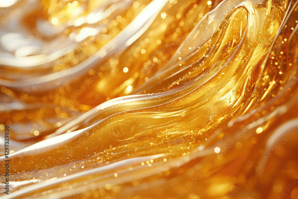 Poster golden liquid flowing in elegant waves, glistening with subtle light and bubbles.
