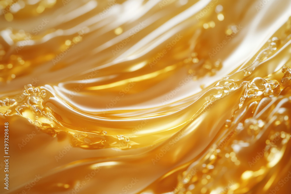 Poster close-up of golden liquid flowing, creating shimmering waves and bubbles.