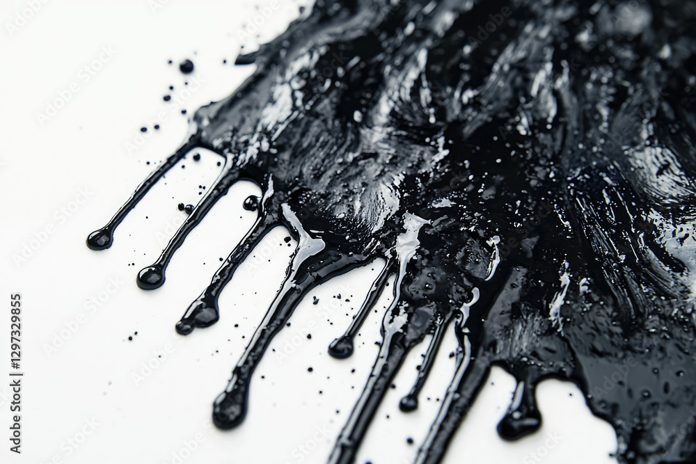 Aufkleber black paint drips and splatters on white background, creating an abstract texture.