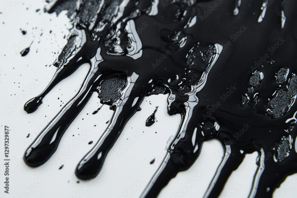 Poster Black liquid drips and splatters on a white background, creating an abstract texture.