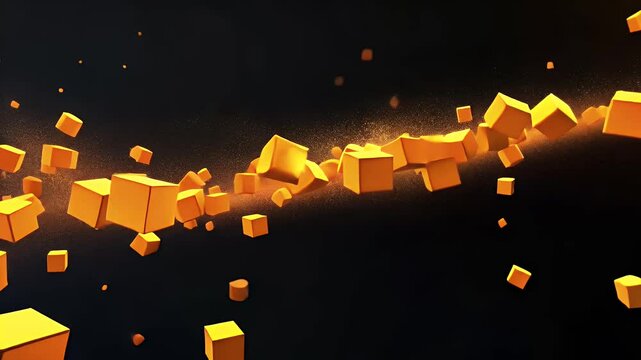 Dynamic Stream Of Orange Cubes Floating In Dark Space With Glimmering Particles Creating An Abstract Geometric Composition With A Modern And Futuristic Design For Adobe Stock Photos