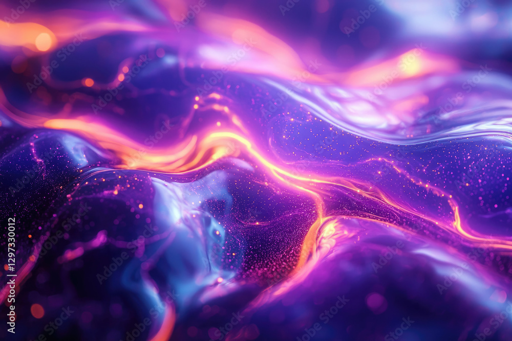 Poster abstract purple and orange liquid swirls with glittering particles, creating a vibrant, cosmic effec