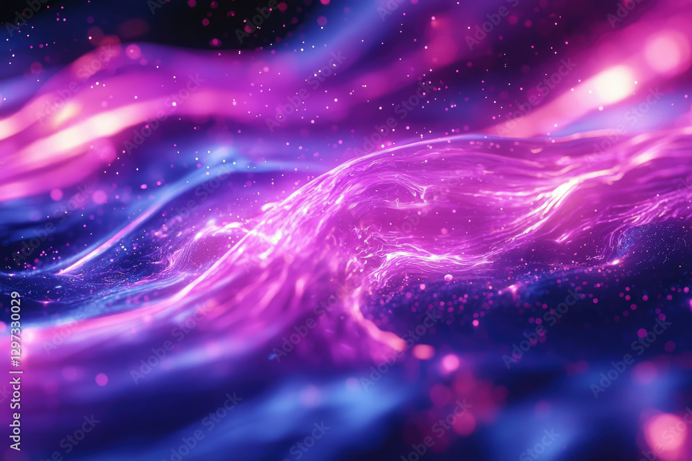 Poster abstract art depicting vibrant purple and blue waves with sparkling particles, creating a cosmic, et