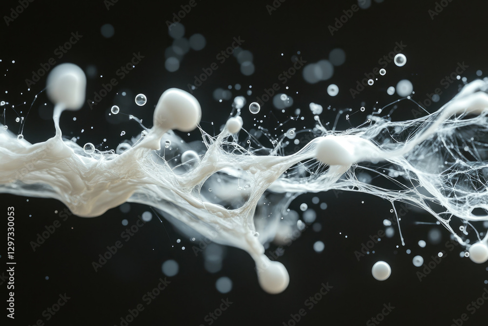 Poster Abstract image of a white liquid splash with thin threads and droplets against a transparent background.