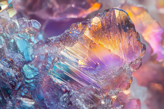 A mesmerizing close-up of iridescent crystal formations showcasing vibrant purple, orange, and blue hues.
