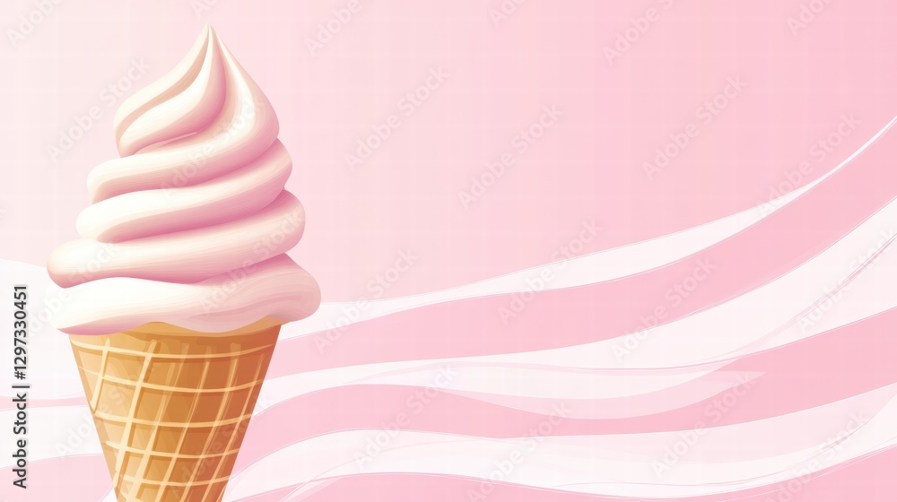 Poster soft serve ice cream cone with pink swirl against a pastel backdrop during a sunny day. generative a
