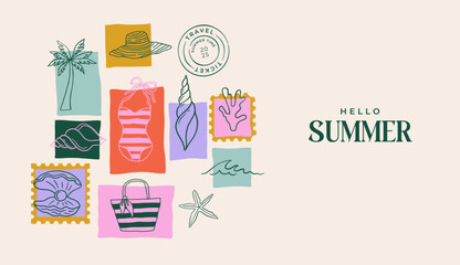 Summer backgrounds, pattern, cards, banner templates. Hand drawn modern illustrations, doodles with sea shells, surf boards, beach chair, swimsuit and flip flops elements