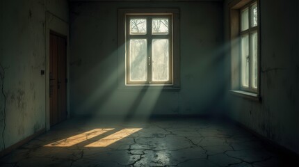 Obraz premium Desolate room with twisted shadows on cracked walls under faint light, symbolizing isolation and mental turmoil