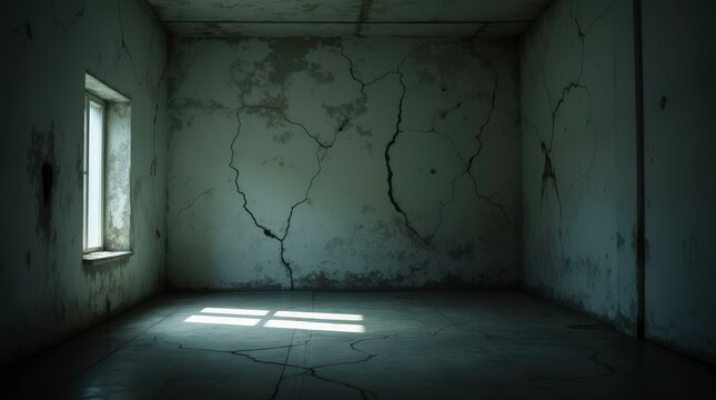 Desolate room with twisted shadows on cracked walls under faint light, symbolizing isolation and mental turmoil