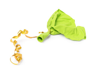 One green popped balloon isolated on white