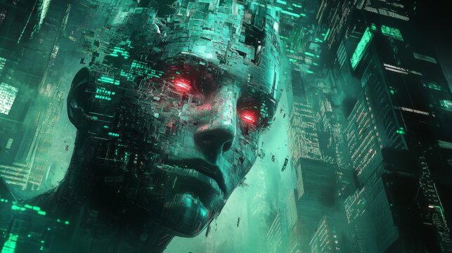 Futuristic Cyborg Face in Cityscape