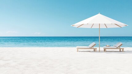 Fototapeta premium Beach chairs under umbrella, ocean view, sunny day, relaxation