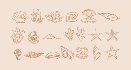 Boho hand drawn sea, ocean, sun, seashell and palm design illustrations, icons, pattern, minimalist abstract design © Marina Zlochin