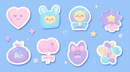 Colorful collection of cute stickers featuring hearts, characters, and playful designs on pastel blue background. Generative AI