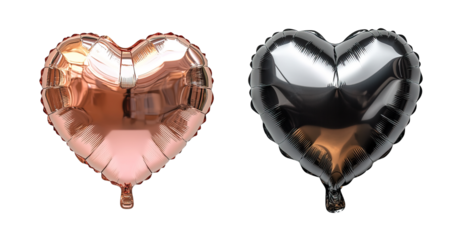 Two heart shaped foil balloons one black and one rose gold isolated on transparent background, generative ai