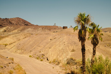 Desert landscape with rugged hills, a dirt road, and two palm trees, featuring old wooden mining structures on a ridge under a clear blue sky. Ideal for travel, history, and arid nature themes.
