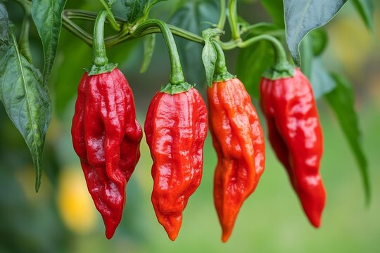 Ripe red ghost peppers on plant close-up with vibrant green leaves