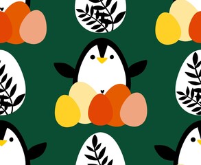 Easter animals seamless penguin and eggs pattern for wrapping paper and fabrics and linens and spring kitchen textiles