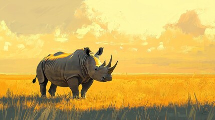 Fototapeta premium Rhino in golden savanna at sunset.