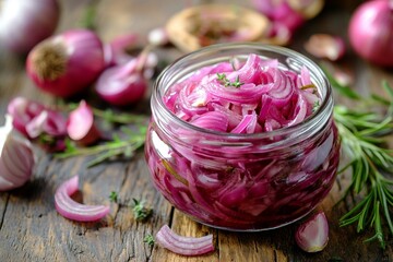 Jar of pickled red onions on rustic wood with herbs and sliced onions