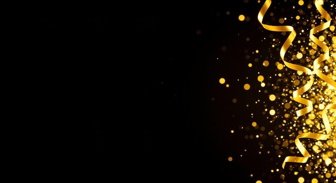 Golden confetti and ribbons flowing gracefully across a dark background create a festive and celebratory atmosphere symbolizing joy and excitement